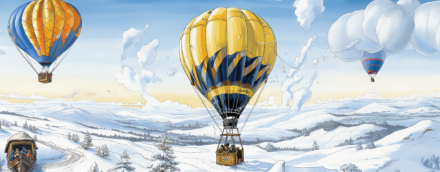 Heißluftballonfahrt über Schneelandschaft.